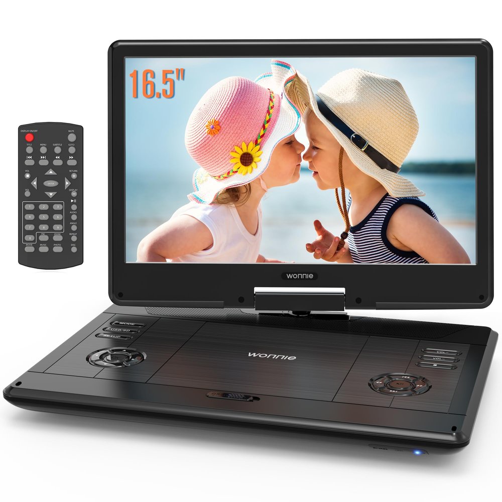 WONNIE 16.5" Portable DVD Player with 14.1" Large HD Swivel Screen, 6 Hours Rechargeable Battery, DVD Player Portable Support MP4, MKV Video & USB/SD Card/Sync TV, High Volume Speaker, All Regions
