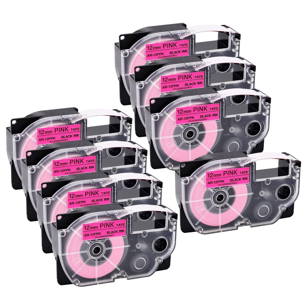 NineLeaf 8 Pack Compatible for XR-12FPK 12mm 1/2'' Black on Fluo Pink Label Tape LT for EZ Label Printer KL-820 KL-P1000 KL-1500 KL-2000
