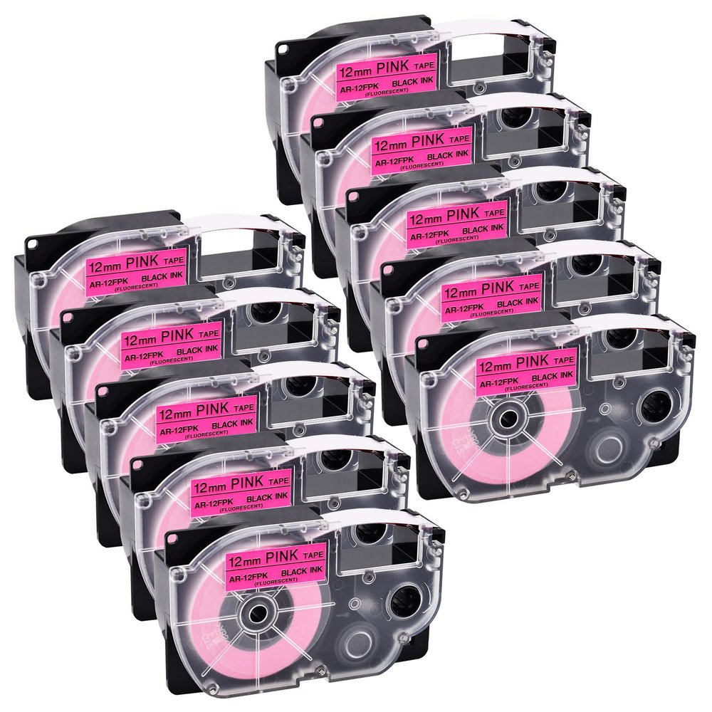 NineLeaf 10 Pack Compatible for XR-12FPK 12mm 1/2'' Black on Fluo Pink Label Tape LT for EZ Label Printer KL-1500 KL-2000 KL-7000 KL-7200