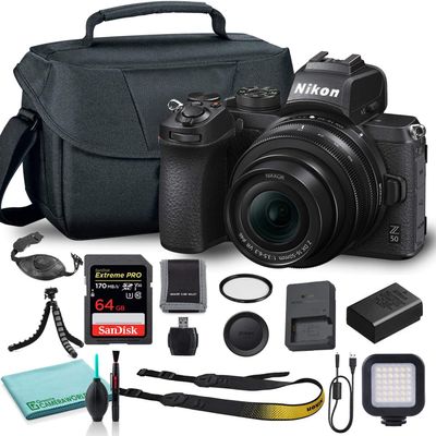 Nikon Z50 Mirrorless Digital Camera with 16-50mm Lens (1633) + Camera Bag + 46mm UV Filter + 64GB Extreme PRO Memory Card + Hand Strap + Portable LED Video Light + More (Renewed)