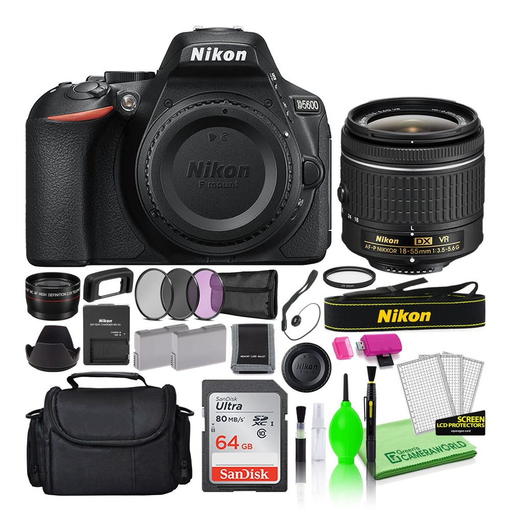 Nikon D5600 24.2MP DSLR Digital Camera with AF-P DX 18-55mm Lens (1576) Deluxe Bundle with Sandisk 64GB SD Card + Large Camera Bag + Filter Kit + Spare Battery + Telephoto Lens + More (Renewed)