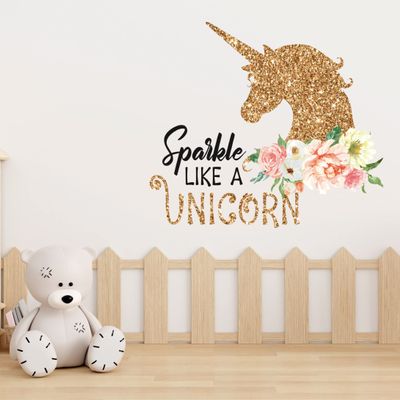 AdesiivoStudio - Sparkle Gold Unicorn Wall Decals for Girls Bedroom, Unicorn Wall Stickers, Big Unicorn Wall Decal, Unicorn Wall Applique, Unicorn Wall Stickers for Girls Bedroom