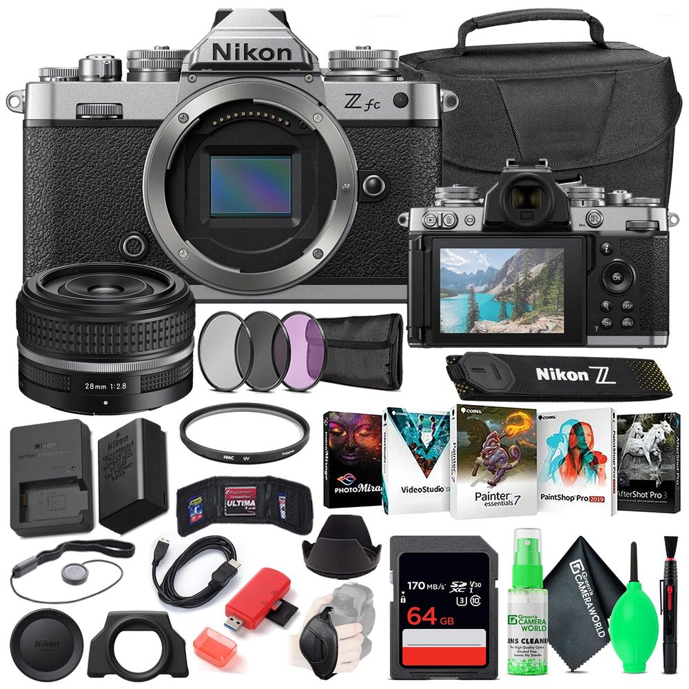Nikon Z fc Mirrorless Digital Camera with 28mm Lens (Black, 1673) Bundle with 64GB Extreme PRO SD Card + Camera Bag + Editing Software + 4pc Filter Kit + Cleaning Kit + More (Renewed)