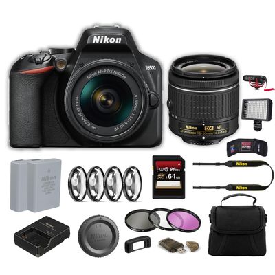 Nikon D3500 DSLR Camera with 18-55mm Lens (1590) Advanced Kit with Bag, Extra Battery, LED Light, Mic, Filters and More (Renewed)
