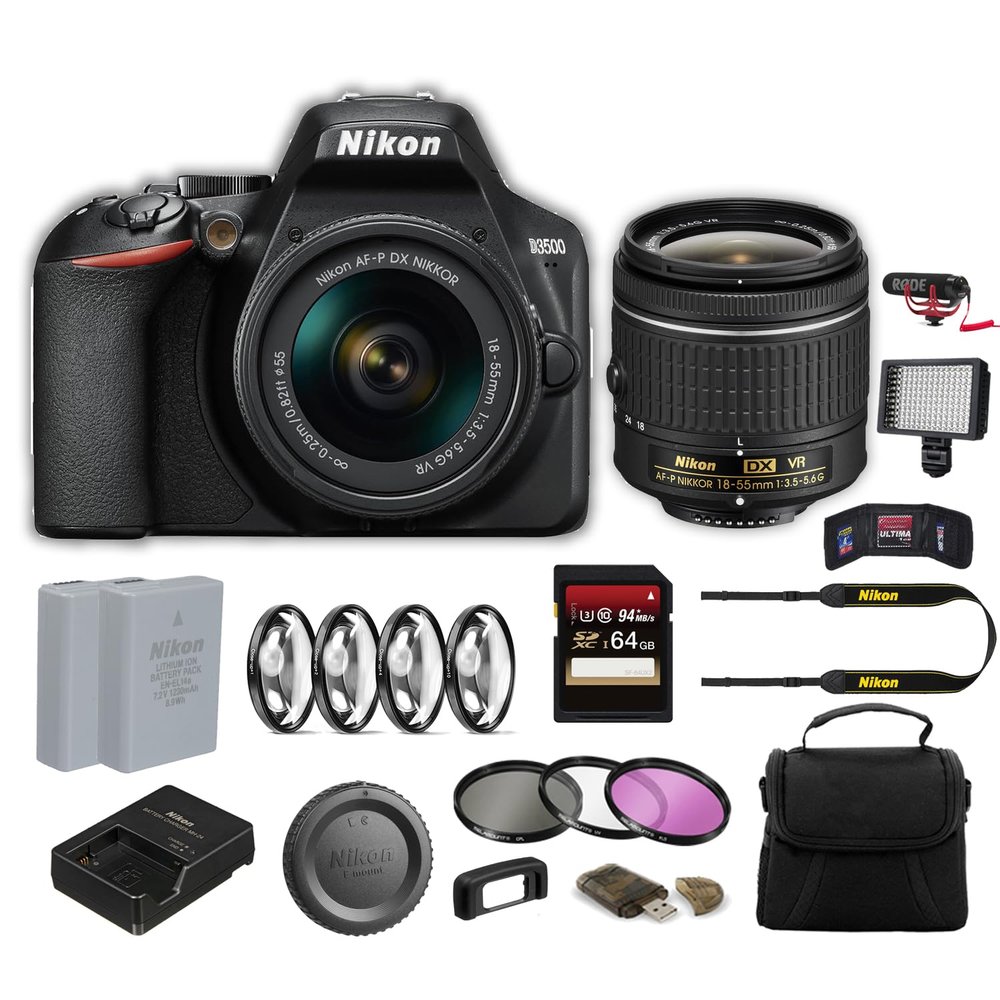 Nikon D3500 DSLR Camera with 18-55mm Lens (1590) Advanced Kit with Bag, Extra Battery, LED Light, Mic, Filters and More (Renewed)