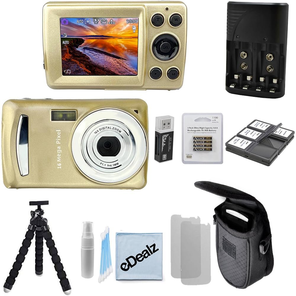 eDealz 16 MegaPixel Entry Camera Vlogging Kit with Flexible Tripod, SD Card Reader, 4 AAA Batteries & Charger, 6 Slot SD Card Holder, Lens Cleaning Kit and Hard Shell Case (Gold)