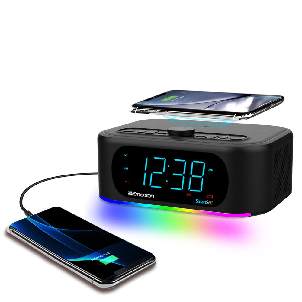 Emerson Smartset 7-Color Bluetooth Speaker - 10W Stereo Sound, 15W Wireless Charging, and LED Lights Changing to Music,Black
