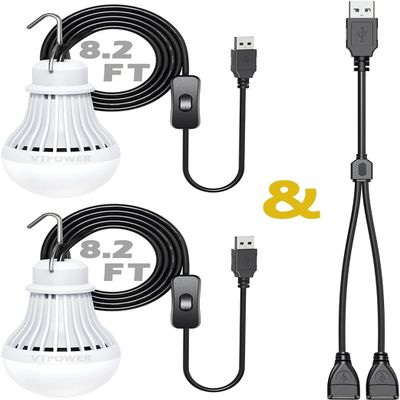 2 Pack USB Light Bulb, USB LED Camping Light Lantern, 8.2 ft Extra Length Cord Tent Light with USB Y-Cable, Portable LED Bulb for Garage Warehouse Car Truck Fishing Boat Room Emergency Light, White