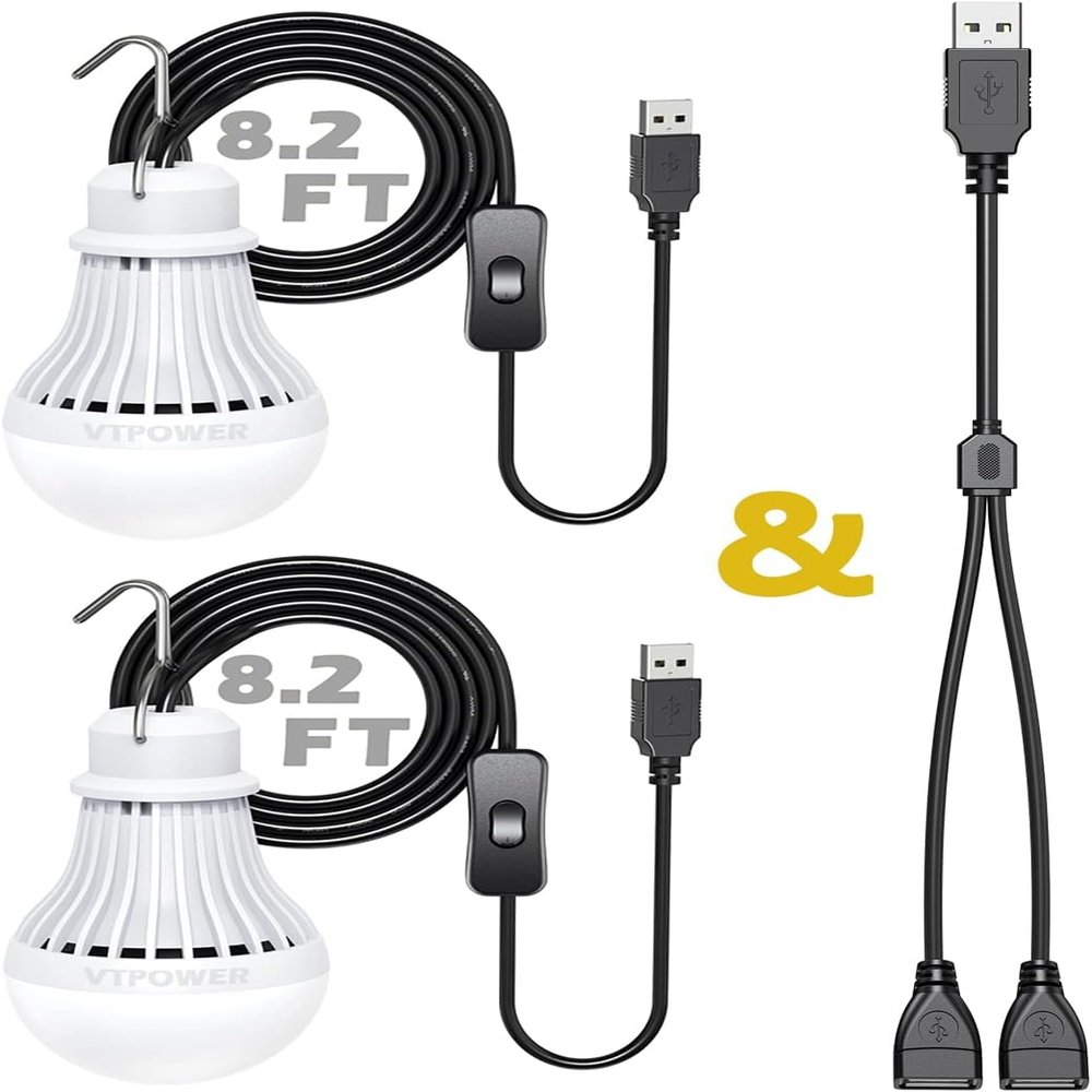 2 Pack USB Light Bulb, USB LED Camping Light Lantern, 8.2 ft Extra Length Cord Tent Light with USB Y-Cable, Portable LED Bulb for Garage Warehouse Car Truck Fishing Boat Room Emergency Light, White