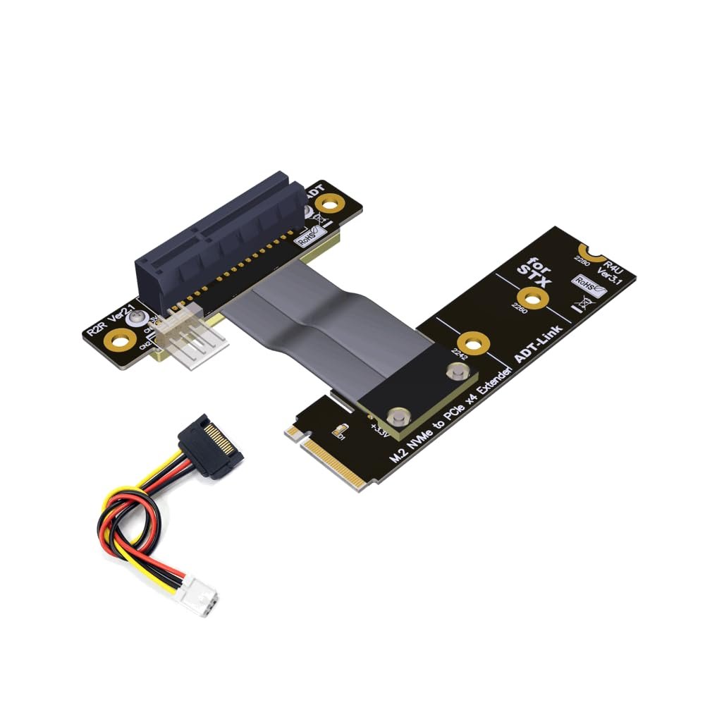ADT-Link M.2 NVMe to PCI-Express x4 Turn Right Turn Left 4X to M.2 NVMe M Key 2280 Riser Card Gen3.0 Extender Line 32G/BPS (15cm, R42UR)