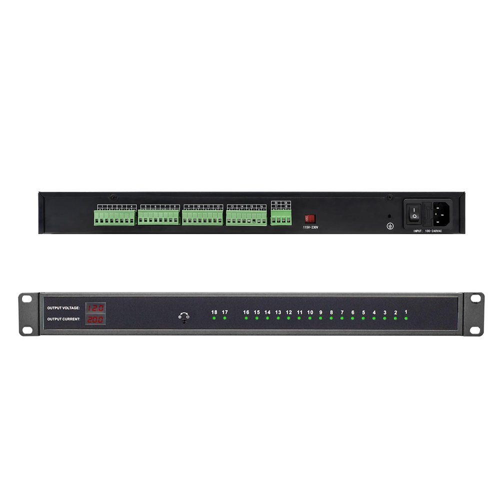 1U 12V 20A 18-Channel Rack Mount Power Supply 12V 3-5A Distributed DC Output with Reset Fuse, 4 ft Replaceable AC Cord. Ideal for Security Cameras, DVRs, CCTV Systems, by UltraPoE