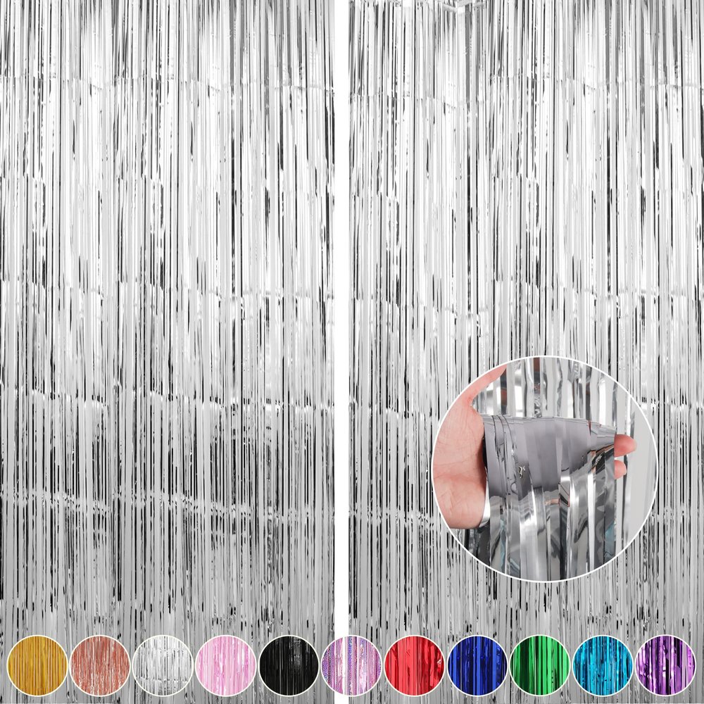 Crosize 2 Pack 3.3 x 9.9 ft Silver Foil Fringe Backdrop Curtain, Streamer Backdrop Curtains, Streamers Birthday Party Decorations, Tinsel Curtain for Parties, Photo Booth Backdrops, Party Dcor