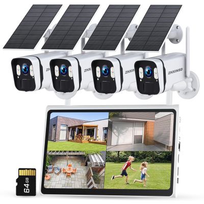 Solar Security Cameras Wireless Outdoor: 2.5K/4MP UHD Battery Solar Powered Home Security Wifi System with 10" LCD Monitor, 10CH NVR Color Night Vision Smart Motion Alert 2-Way Audio 64GB Storage