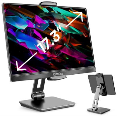 ROADOM Tablet Stand, Adjustable 360 Swivel Bracket, 180 Tiltable Clamp,Foldable Tablet Holder for 4.7-17.3'' iPhone/iPad/Tablet/Portable Monitor, Aluminum Alloy, Black