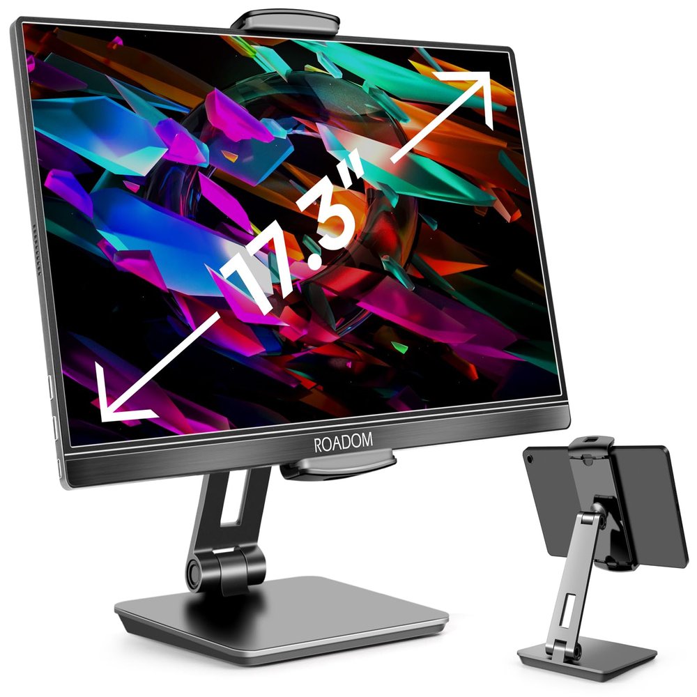 ROADOM Tablet Stand, Adjustable 360 Swivel Bracket, 180 Tiltable Clamp,Foldable Tablet Holder for 4.7-17.3'' iPhone/iPad/Tablet/Portable Monitor, Aluminum Alloy, Black