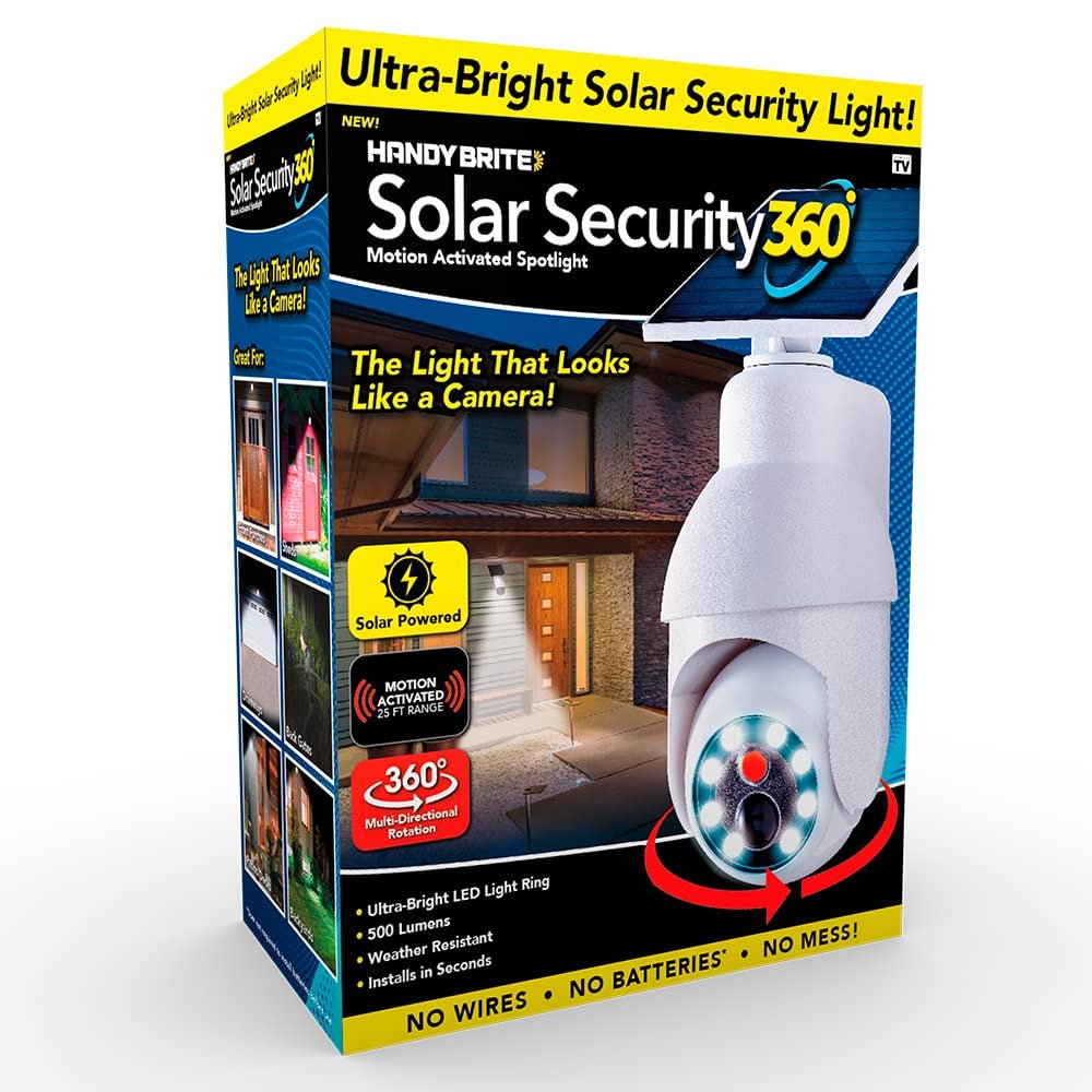 Ontel Handy Brite Security 360 LED Light, 360-Degree Fake Security Camera with 8 Super-Bright LED Lights, Weather-Resistant Motion Sensor Light for Home Security, Solar-Powered Outdoor Light