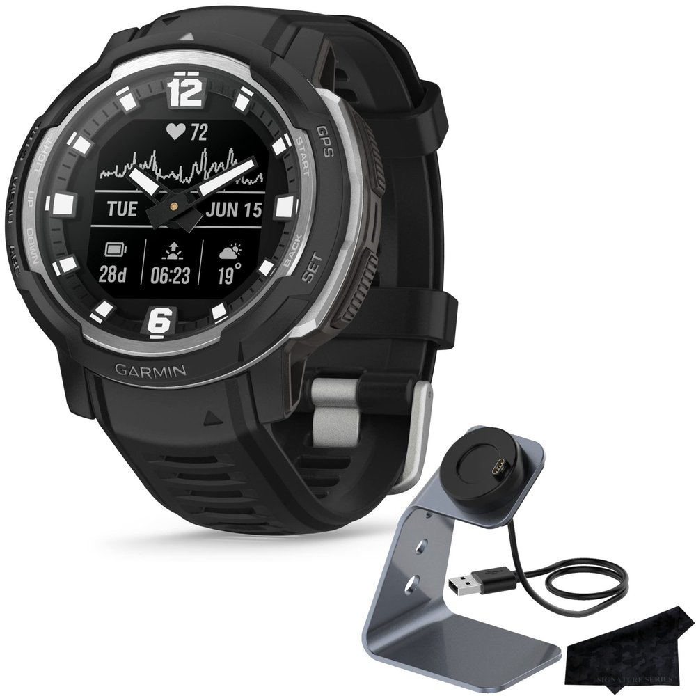Garmin Instinct Crossover, Rugged Hybrid Multisport GPS Smartwatch, Black | Heart Rate Monitor, Analog Hands and Digital Display, Up to 28 Day Battery Life with Signature Series Charging Bundle