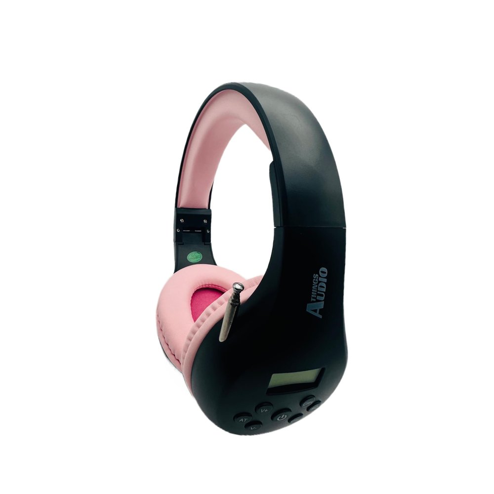 THINGS AUDIO Portable Personal FM Radio Headphones Pull-Out Antenna for Great Reception, Walking, Jogging, Relaxing, School, Talk Radio - Powered by 2AA Batteries (Not Included) (Black & Pink)