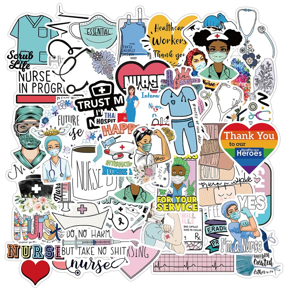Cute Nurse Stickers for Kids Teens Adults, 50Pcs Positive Medical Waterproof Vinyl Stickers for Water Bottle Laptop, Nurse Accessories, Cool Girl Nursing Stickers Gifts, Nurses Day