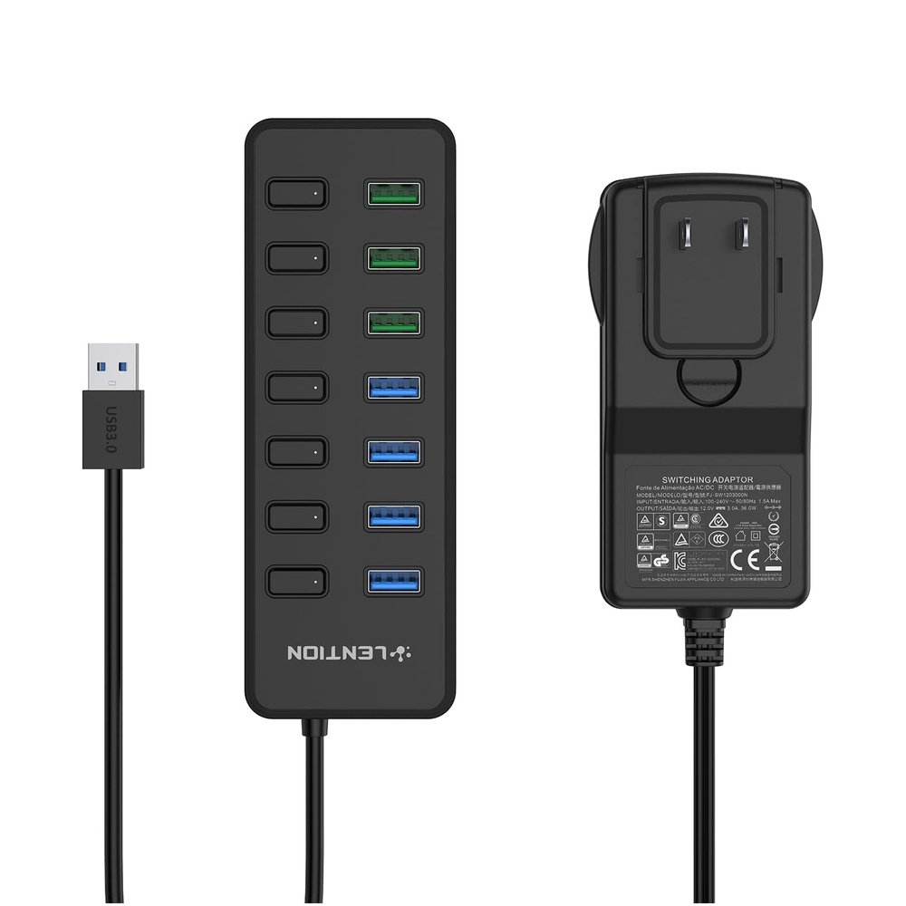 LENTION Powered USB Hub for PC, 7 Port USB Hub 3.0 Multiple USB Port for Laptop Individual On/Off Switches 5Gbps Data Transfer Hubs Compatible with MacBook, Surface, Chromebook(H92, Black)