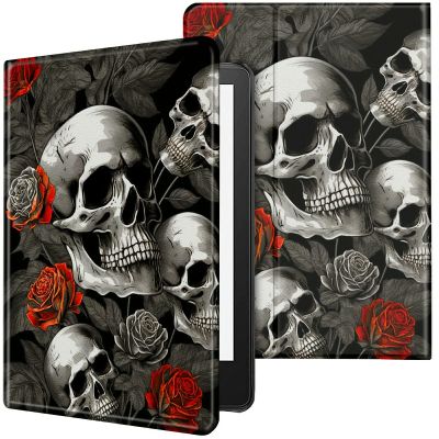 CGFGHHUY Case for All-New Kindle 11th Generation 6 inch 2022 Release Lightweight Protective PU Leather Smart Stand Cover with Auto Wake Sleep Case for Kindle 2022 11th Gen E-Reader - Red Roses Skull