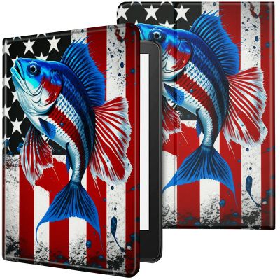 CGFGHHUY Case for 6.8 inch Kindle Paperwhite 11th Generation 2021/Kindle Paperwhite Signature Edition Lightweight Protective PU Leather Smart Stand Cover with Auto Wake Sleep - American Flag & Fish