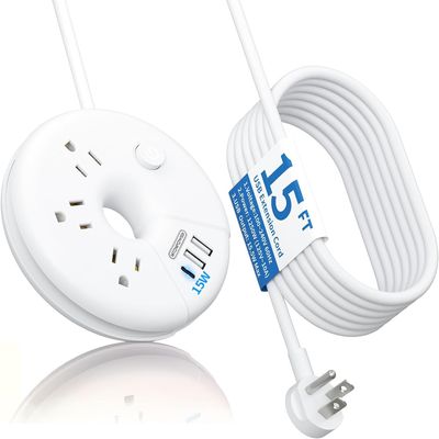 i-Donut Extension Cord 15FT, NTONPOWER Long Extension Cord with 3 USB Ports(1 USB C), 3 Outlets, Flat Plug Switch, Travel Power Strip for Home, Office, Dresser, Dorm Room, White