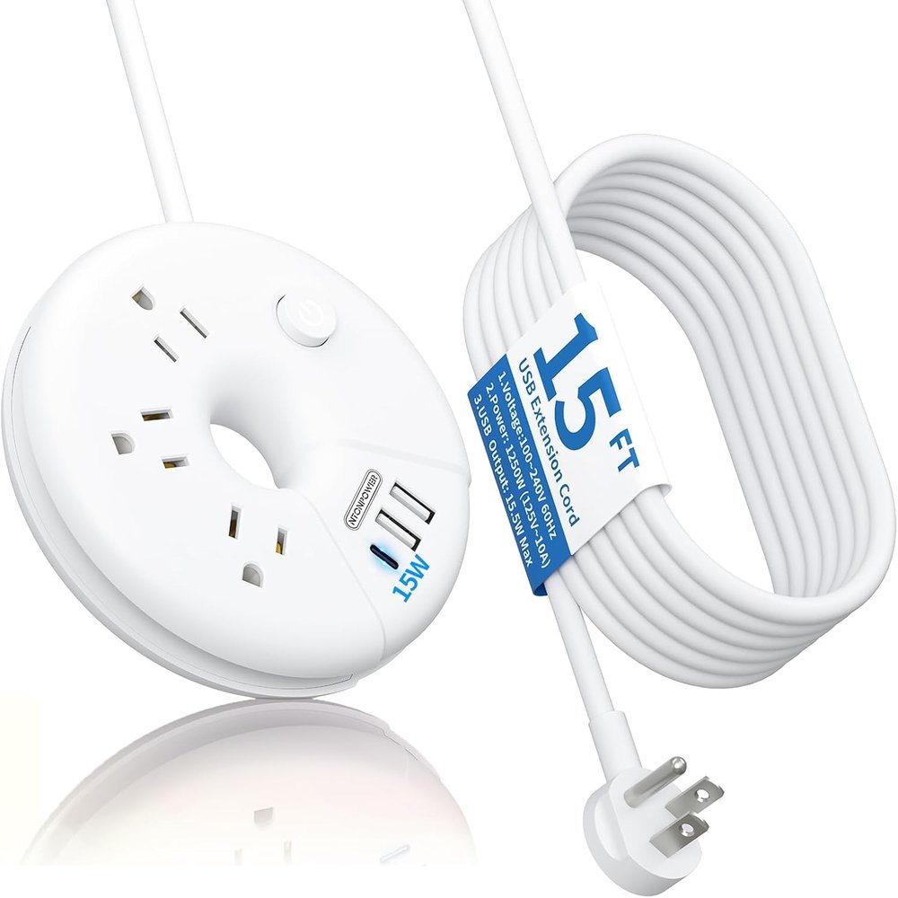 i-Donut Extension Cord 15FT, NTONPOWER Long Extension Cord with 3 USB Ports(1 USB C), 3 Outlets, Flat Plug Switch, Travel Power Strip for Home, Office, Dresser, Dorm Room, White