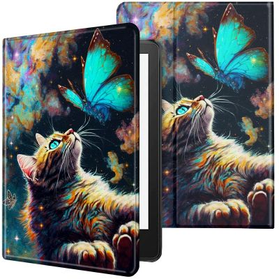 CGFGHHUY Case for All-New Kindle 11th/12th Generation 6 inch 2022/2024 Release Lightweight Protective PU Leather Smart Stand Cover with Auto Wake Sleep Tablet Case - Galaxy Cat and Butterfly