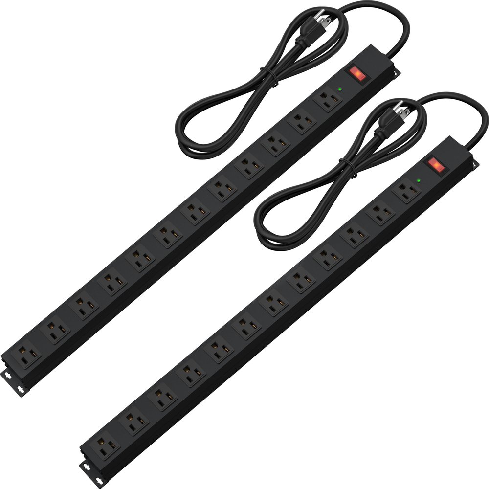 12 Outlet Long Power Strip Surge Protector with 2100 Joules, 6FT Power Cord, Wide Spaced Outlet Power Bar, Overload Protection Switch, Industrial Heavy Duty for Work Bench, Shop, Garage (Black),2 Pack