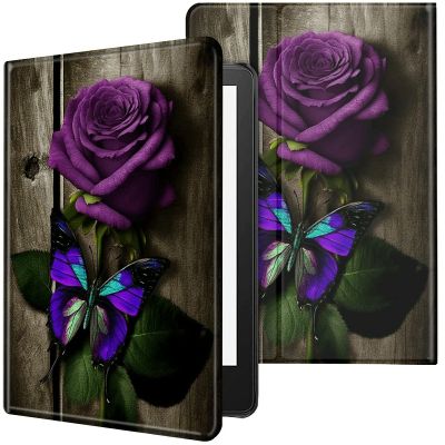 CGFGHHUY Case for All-New Kindle 11th/12th Generation 6 inch 2022/2024 Release Lightweight Protective PU Leather Smart Stand Cover with Auto Wake Sleep Tablet Case - Purple Rose and Butterflies