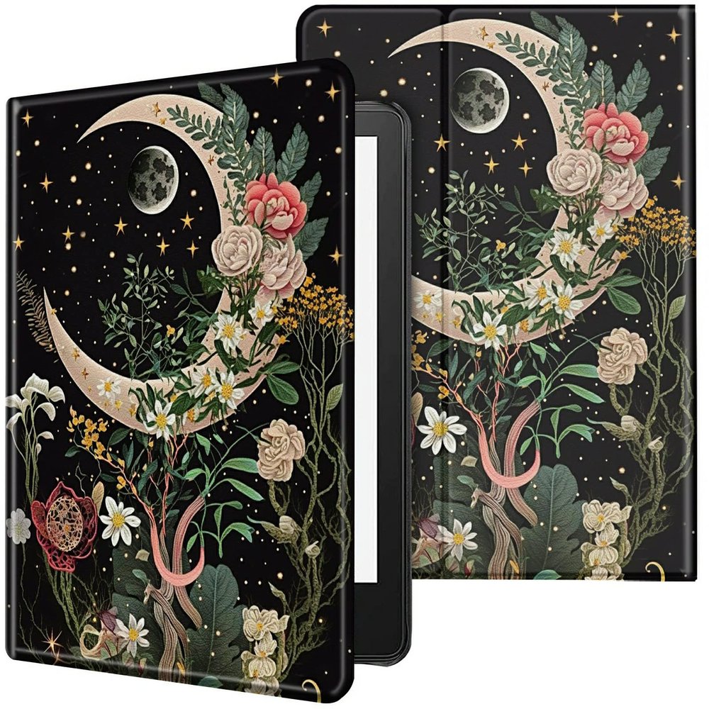 CGFGHHUY Case for All-New Kindle 11th/12th Generation 6 inch 2022/2024 Release Lightweight Protective PU Leather Smart Stand Cover with Auto Wake Sleep Tablet Case - Moon Floral Flower