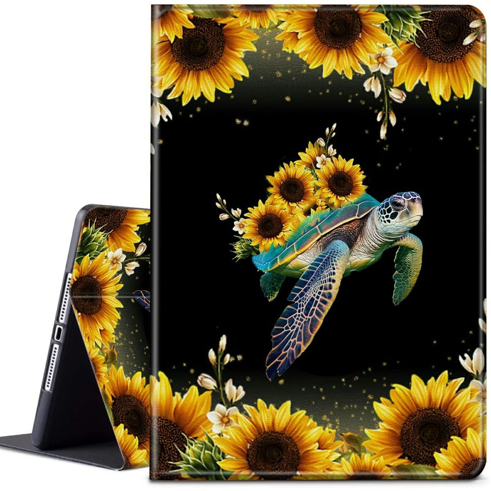 CGFGHHUY for Fire HD 10 Tablet Case (7th/9th Generation 2017/2019 Release 10.1 inch Lightweight Protective PU Leather Smart Stand Cover with Auto Wake Sleep - Turtles and Sunflowers