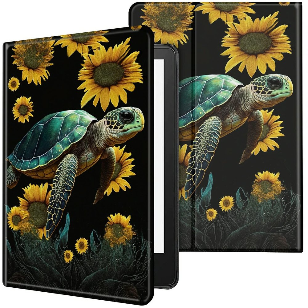 CGFGHHUY Case for All-New Kindle 11th Generation 6 inch 2022 Release Lightweight Protective PU Leather Smart Stand Cover with Auto Wake Sleep Case for Kindle 2022 11th Gen E-Reader - Sunflowers Turtle