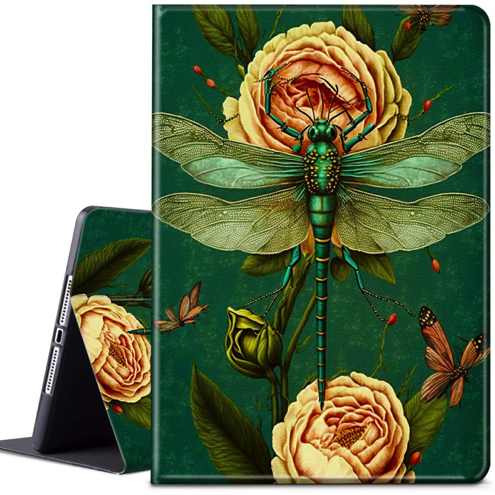 CGFGHHUY for Fire HD 10 Tablet Case (7th/9th Generation 2017/2019 Release 10.1 inch Lightweight Protective PU Leather Smart Stand Cover with Auto Wake Sleep - Roses & Dragonfly
