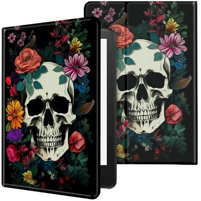 CGFGHHUY Case for 6.8 inch Kindle Paperwhite 11th Generation 2021/Kindle Paperwhite Signature Edition Lightweight Protective PU Leather Smart Stand Cover with Auto Wake Sleep - Floral Flower Skull