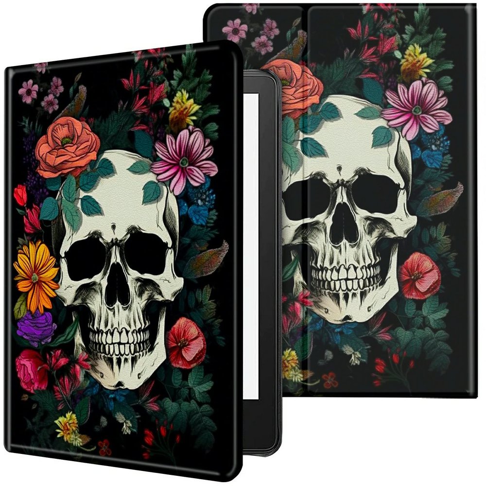 CGFGHHUY Case for 6.8 inch Kindle Paperwhite 11th Generation 2021/Kindle Paperwhite Signature Edition Lightweight Protective PU Leather Smart Stand Cover with Auto Wake Sleep - Floral Flower Skull