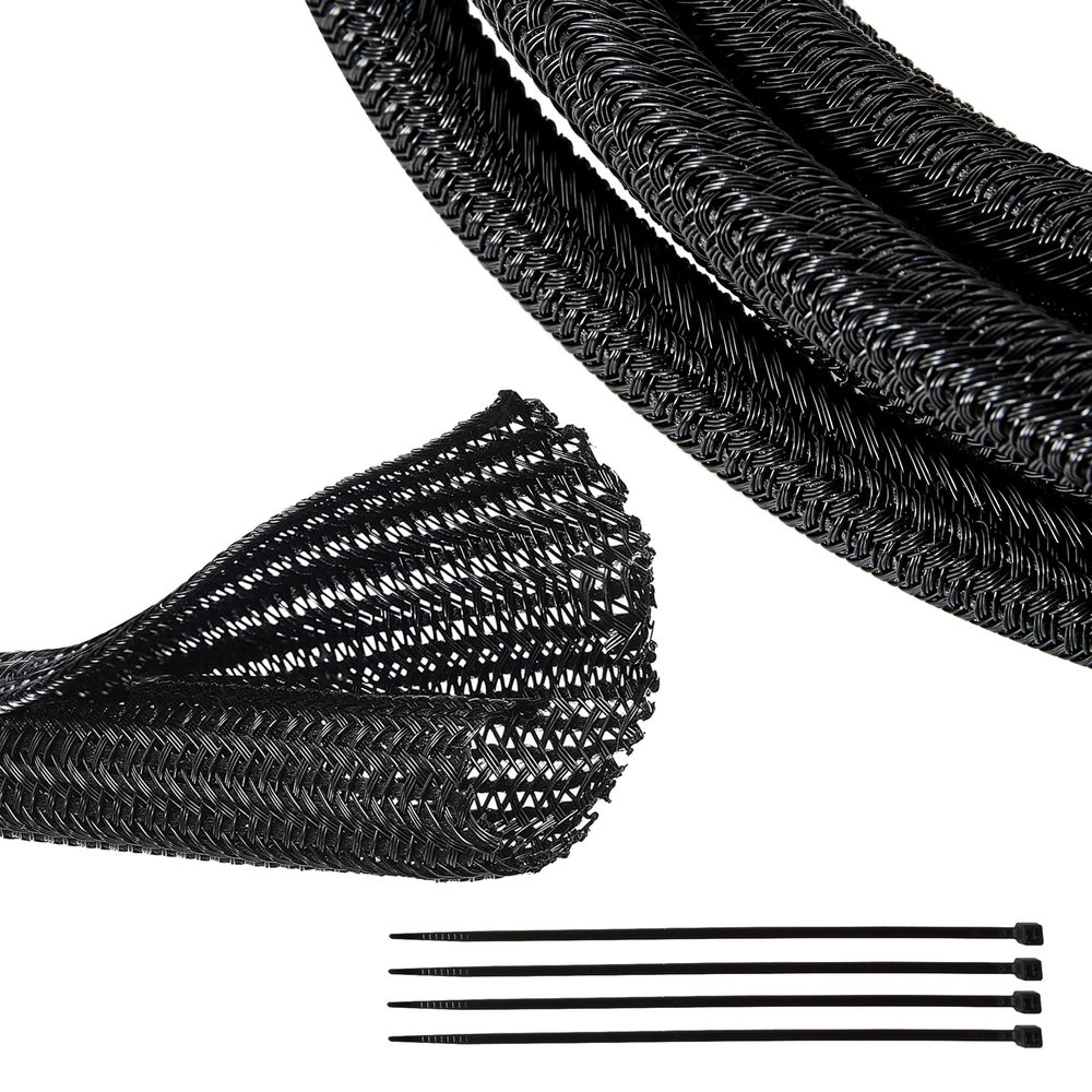 RED WOLF Braided Wire Cable Sleeve Split Wiring Sleeving 10 Feet - 1/2" Flexible Self-Wrap for Automotive Computer Cable Cord Management Cover Protector, Anti-Scratch High-Temperature Black
