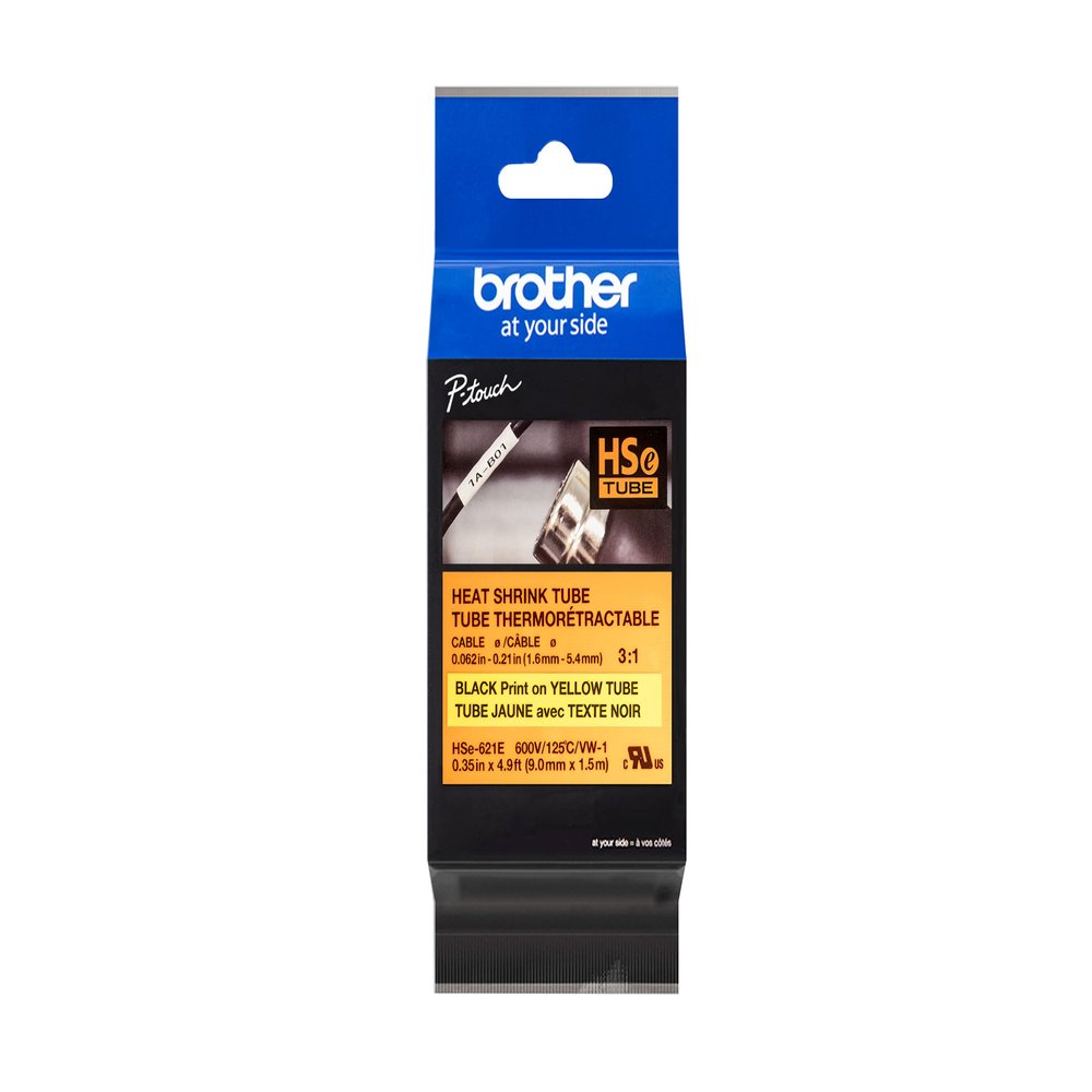 Brother HSe621E 9.0mm (0.35in) Black on Yellow 3:1 Heat Shrink Tube