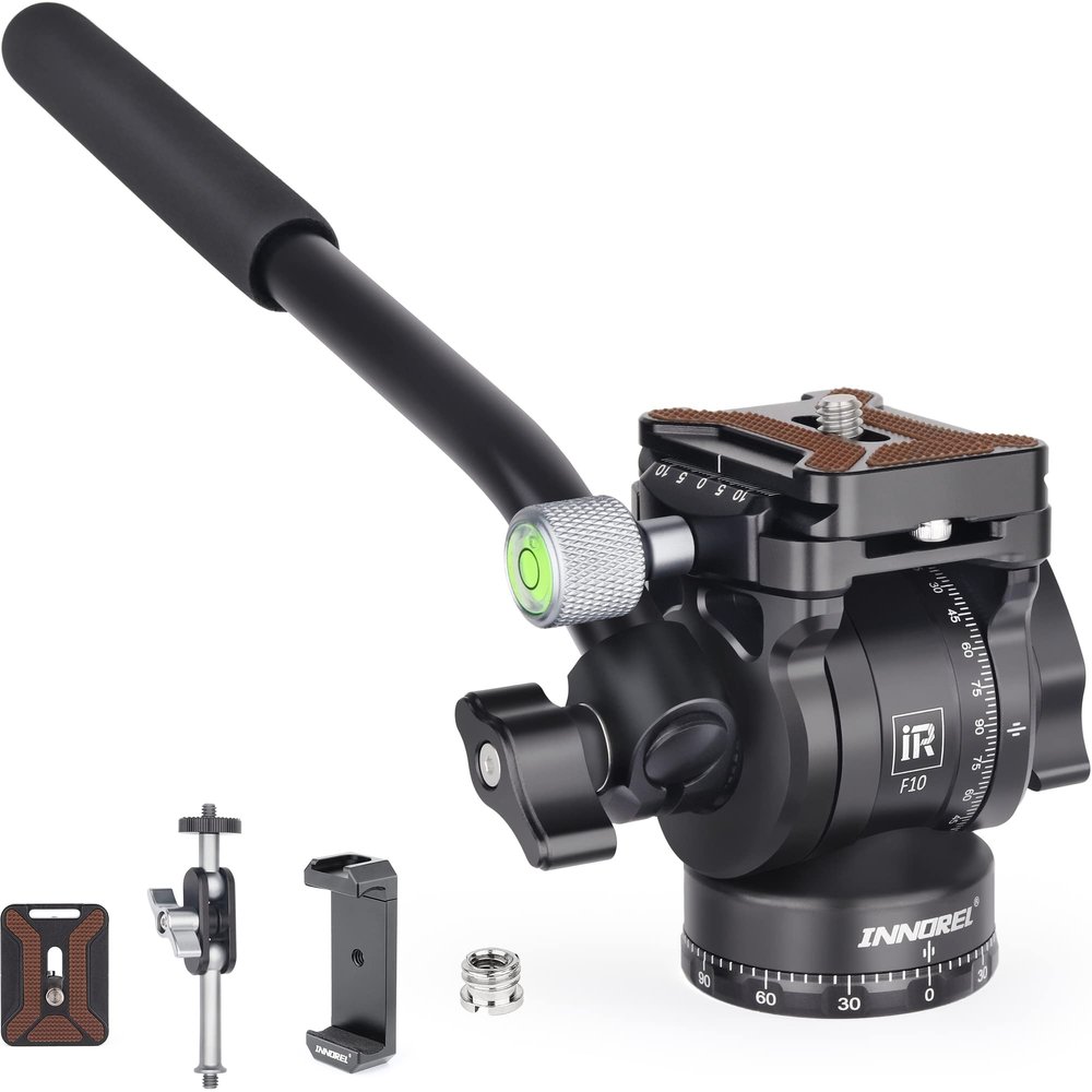 INNOREL Tripod Fluid Head Pan Tilt Head Mini Pan Metal Camera Video Tripod Head with 2 Arca Swiss Quick Release Plates, Handle, Magic Arm & Phone Clip for Video DSLR Cameras, Load up to 8.8lb/4kg, F10