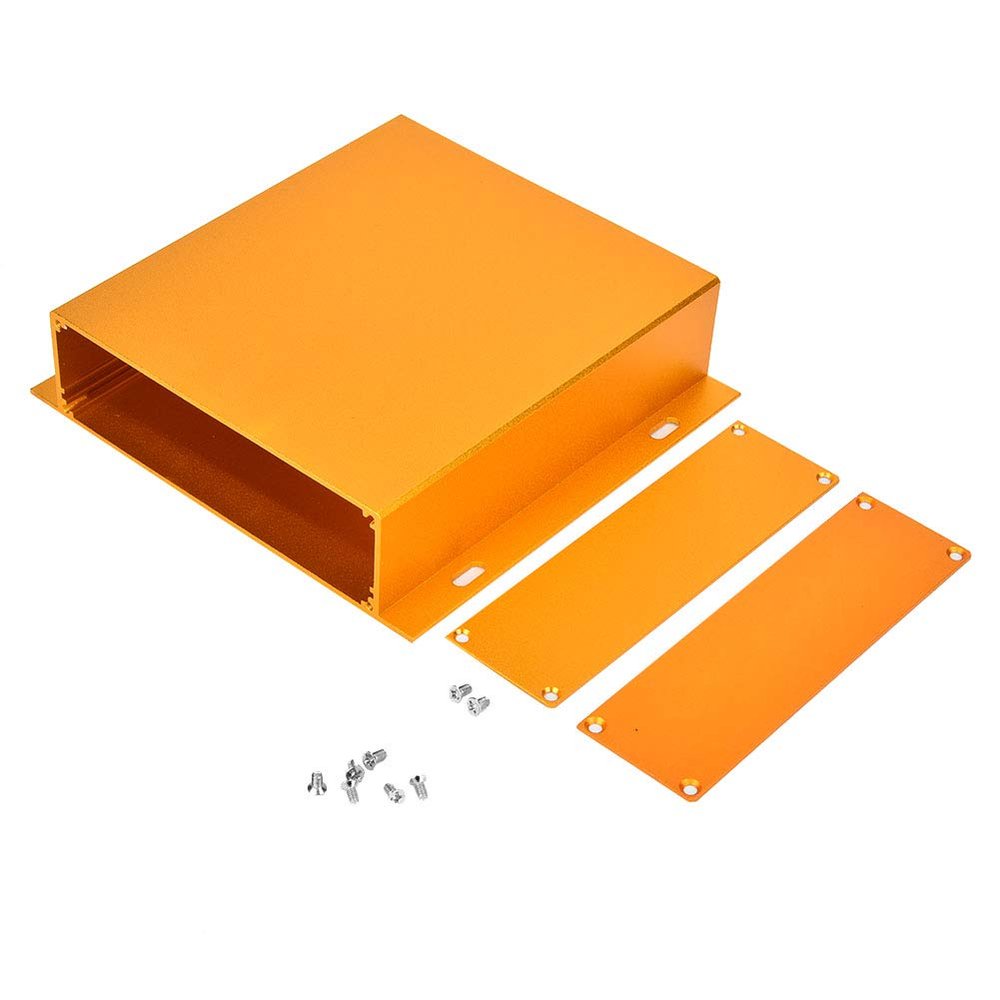 Vomeko Aluminum Electronic Project Case, Sandblasted Oxide Gold Finish, DIY Electronic Protection Case, 39x158x150mm, Compatible with Raspberry Pi, Arduino, Amplifier.