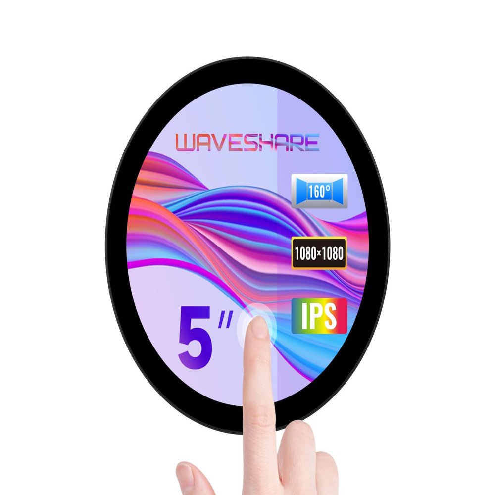 waveshare 5inch HDMI Round Touch Display, 1080 1080 Resolution, IPS, 10-Point Touch, Compatible with Raspberry Pi 5/4B/3B/Zero/Zero W/Zero 2W/Pico/Pico W/Pico WH