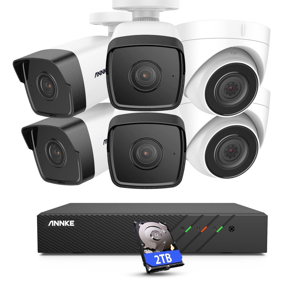 ANNKE H500 5MP 8 Channel 6 Cameras PoE Security Camera System, IP67 Rated IP Network Cams for Indoor & Outdoor Use, 100 ft Night Vision, Built-in Mic, Compatible with Alexa, WDR & DNR, 2TB Hard Drive