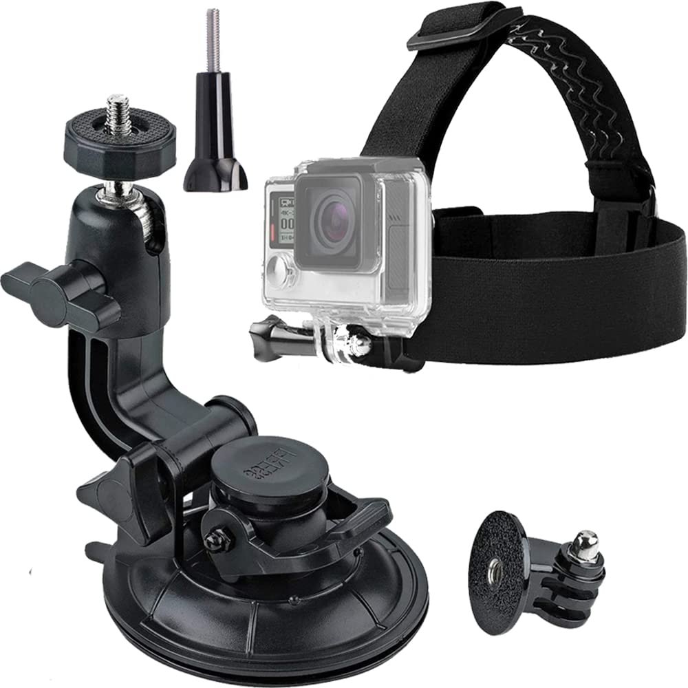 ASOCEA Action Camera Suction Cup Mount with Screw Compatible with Gopro Hero and Elastic Adjustable Head Strap Mount with AKASO EK7000 GoPro Hero