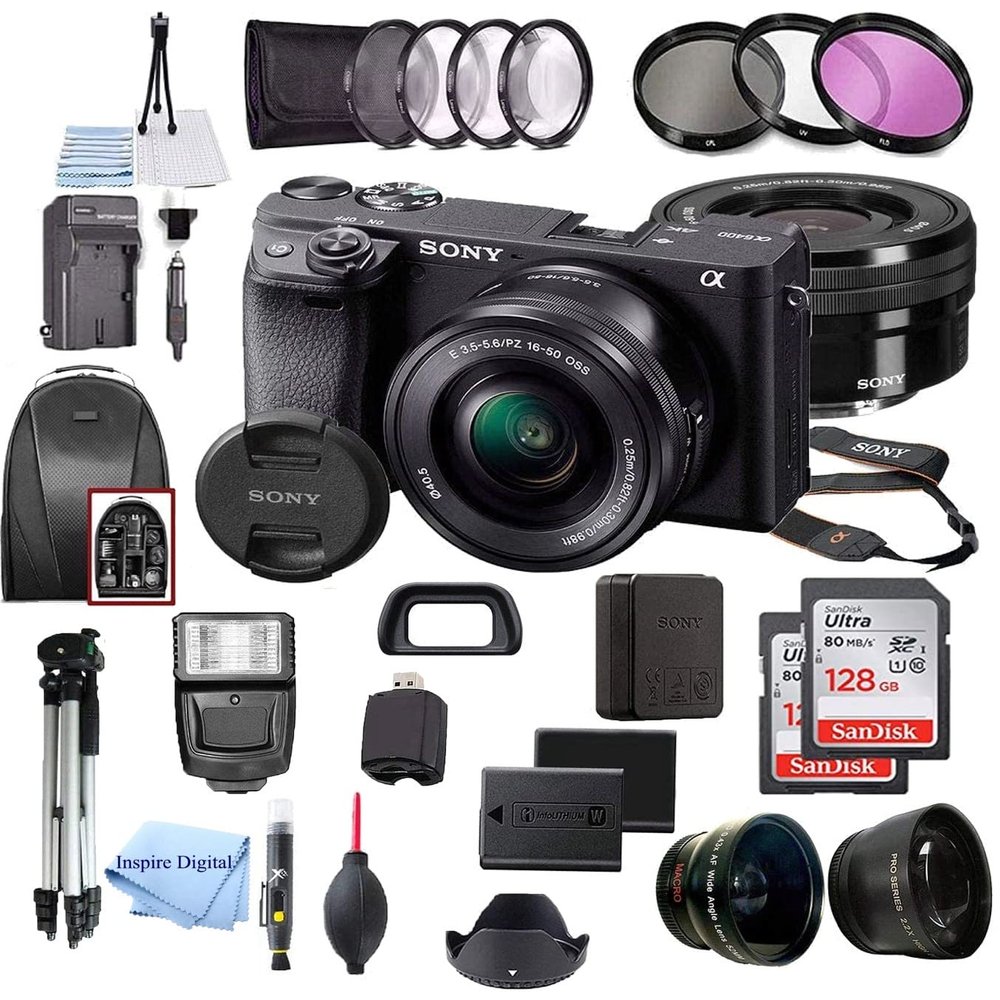 Alpha a6400 Mirrorless Digital Camera 24.2MP Sensor with 16-50mm Lens, 2 Pack SanDisk 128GB Memory Card, Backpack, Full Size Tripod & Inspire Digital Cloth Accessory Bundle (Black) (Renewed)
