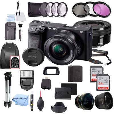 Alpha a6400 Mirrorless Digital Camera 24.2MP Sensor with 16-50mm Lens, 2 Pack SanDisk 64GB Memory Card, Backpack, Full Size Tripod & Inspire Digital Cloth Accessory Bundle (Black) (Renewed)
