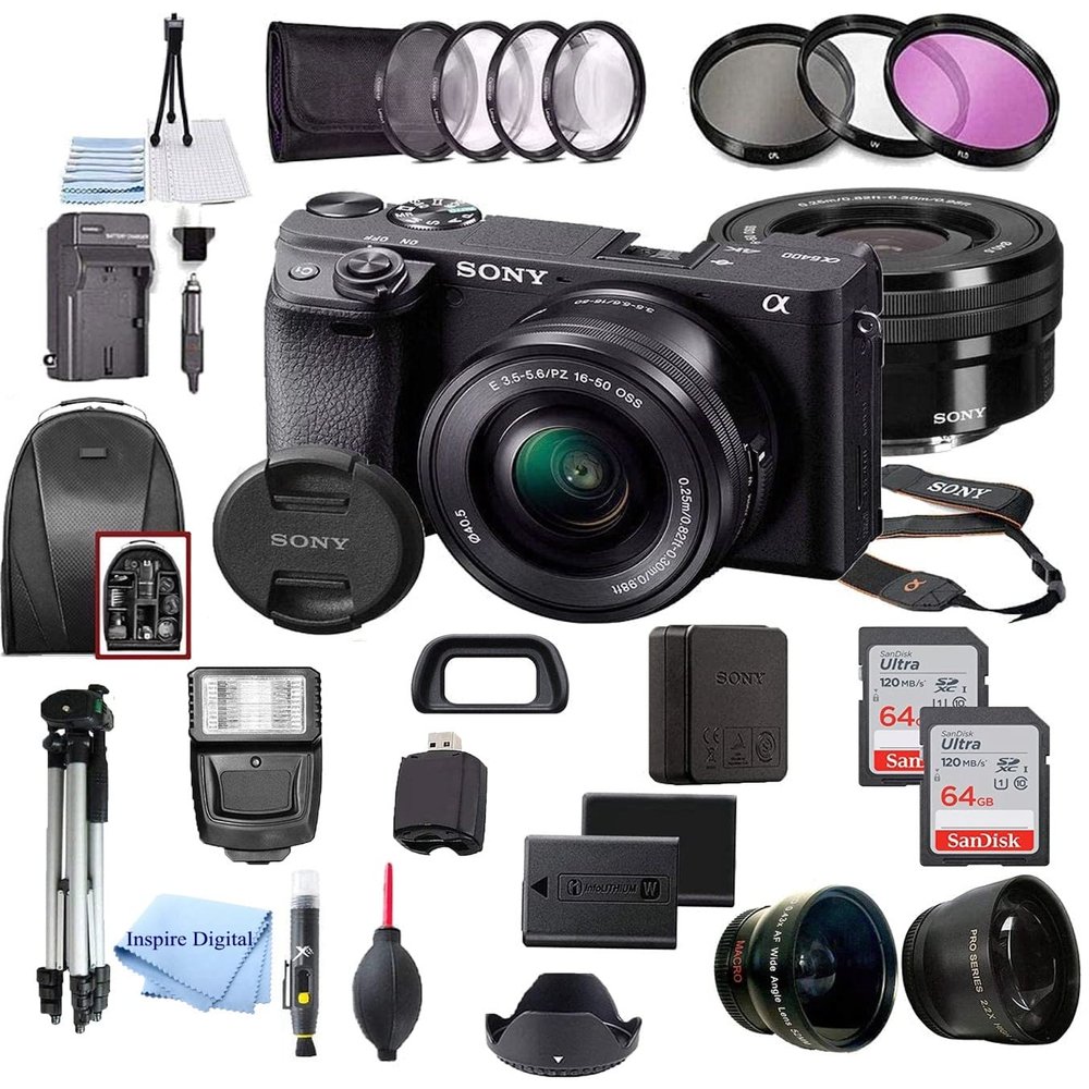 Alpha a6400 Mirrorless Digital Camera 24.2MP Sensor with 16-50mm Lens, 2 Pack SanDisk 64GB Memory Card, Backpack, Full Size Tripod & Inspire Digital Cloth Accessory Bundle (Black) (Renewed)