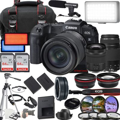 Canon EOS RP Mirrorless Camera w/RF 24-105mm f/4-7.1 is STM Lens + EF 75-300mm f/4-5.6 III Lens + 2X 64GB Memory + Case + Microphone + LED Video Light + More (35pc Bundle) (Renewed)