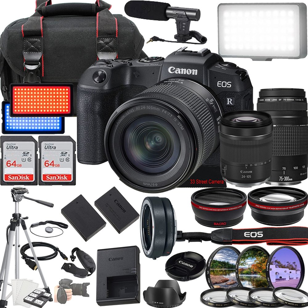 Canon EOS RP Mirrorless Camera w/RF 24-105mm f/4-7.1 is STM Lens + EF 75-300mm f/4-5.6 III Lens + 2X 64GB Memory + Case + Microphone + LED Video Light + More (35pc Bundle) (Renewed)
