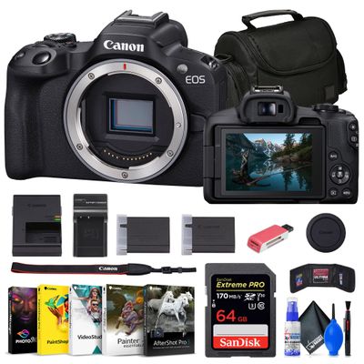 Canon EOS R50 Mirrorless Camera (Black) (5811C002) + 64GB Memory Card + Corel Photo Software + Bag + Charger + LPE17 Battery + Card Reader + Flex Tripod + Memory Wallet + Cleaning Kit (Renewed)